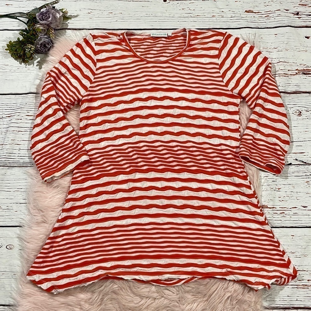 Lulu-B Striped Orange White Textured 3/4 Sleeve Tunic Top